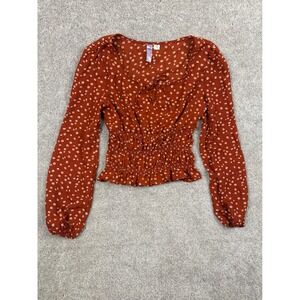 Alya Rust Floral Smocked Peplum Long Sleeve Tie Neck Blouse Top M